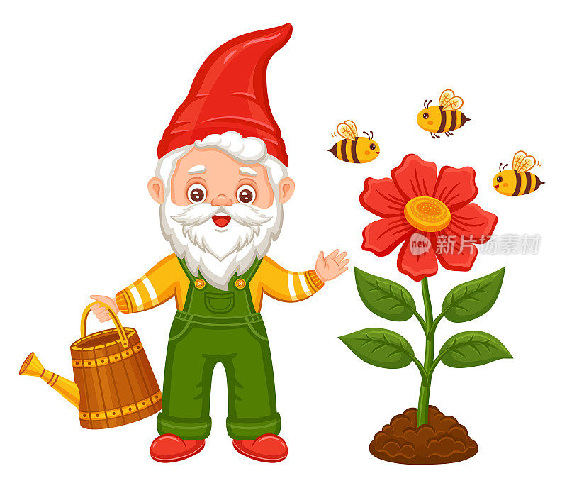 可爱的花园小矮人正在种植花苗，园丁小矮人手持喷壶。童话般的园艺精灵，留着胡子的小老头。蜜蜂采蜜。昆虫传粉植物。向量
