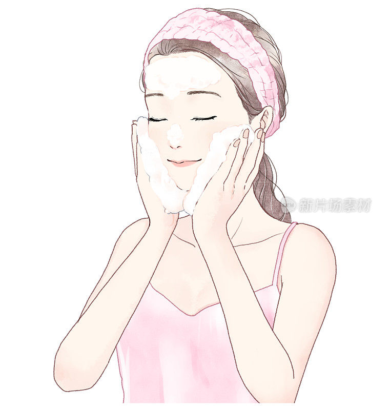 一个女人用泡沫洗脸的插图。
