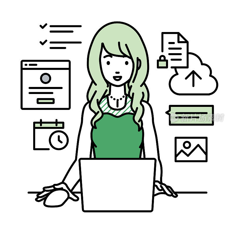 一名穿着衣服的妇女正在使用笔记本电脑浏览网站、数字营销、支付、管理网上商店和在她的办公桌上为顾客提供服务