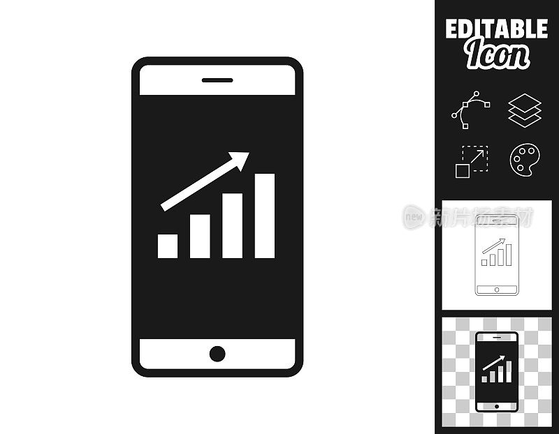 智能手机上的增长图表。图标设计。轻松地编辑
