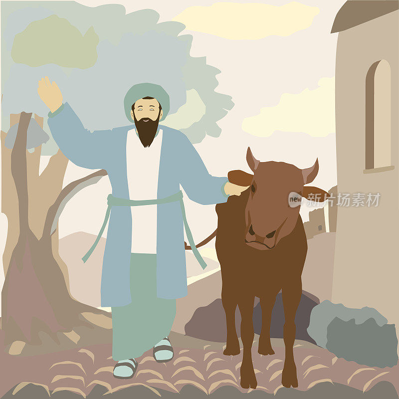一幅来自以色列布内的犹太人前往耶路撒冷朝圣的艺术画。他带来一头大公牛作为祭品。在唱歌和跳舞。耶路撒冷山脉。
向量。