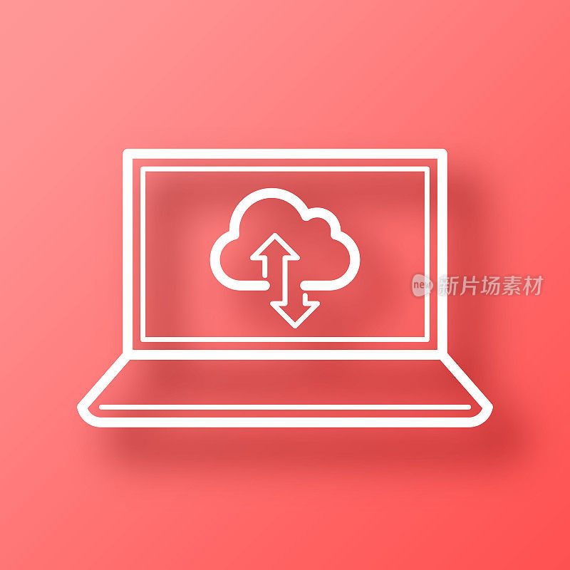 用笔记本电脑云端下载上传。图标在红色背景与阴影