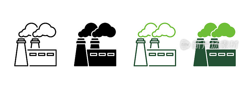 发电厂与烟线和剪影图标集。工业工厂象形图。工厂生产核污染符号集白色背景。孤立矢量图
