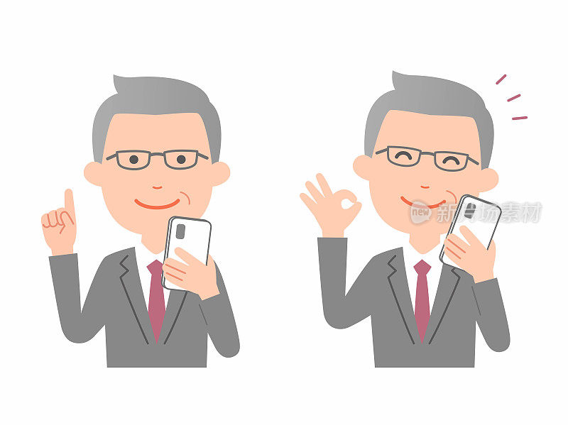 CEO操作着智能手机，各种表情