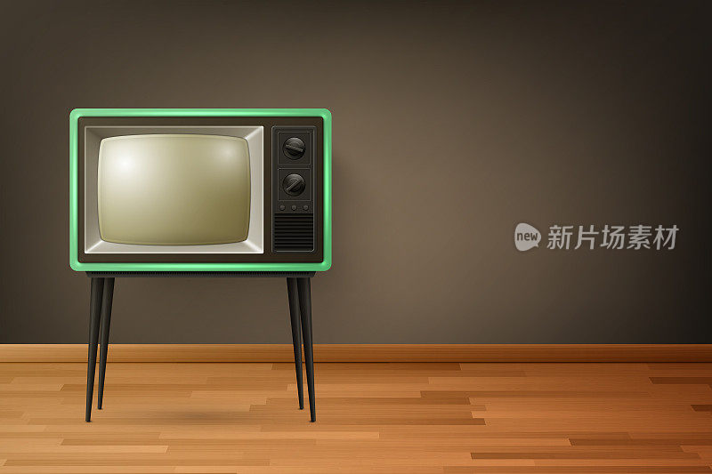 矢量3d现实复古电视接收器上的木地板。家居室内设计概念。老式电视机，电视，前视图
