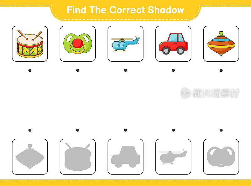 找到正确的阴影。找到并匹配金字塔车，安抚奶嘴，直升机，鼓，和旋转玩具的正确影子。教育儿童游戏，可打印的工作表，矢量插图