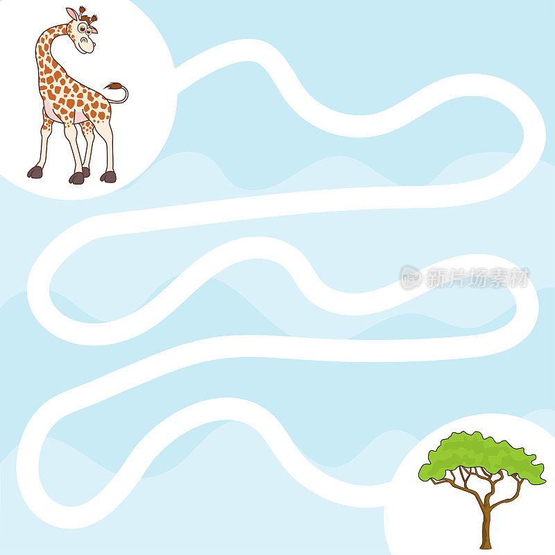 儿童迷宫游戏。画一条线，喂可爱的长颈鹿。帮助长颈鹿找到树。适合幼儿园或学前班儿童的活动练习。幼儿注意力的发展。简单的迷宫。