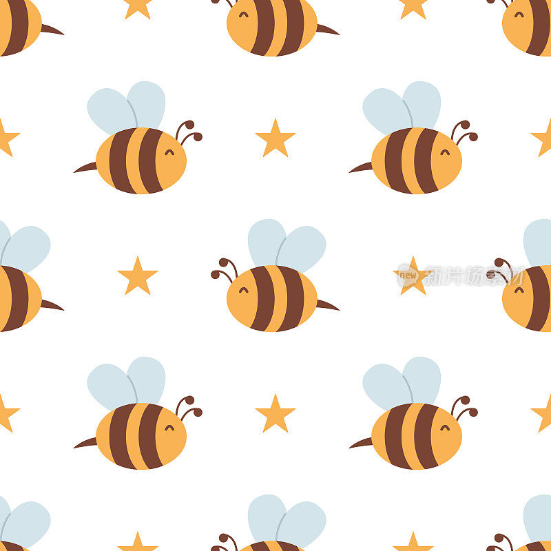 矢量无缝模式与蜜蜂和星星。条纹蜜蜂和白色背景上的黄色星星。大黄蜂图案。
