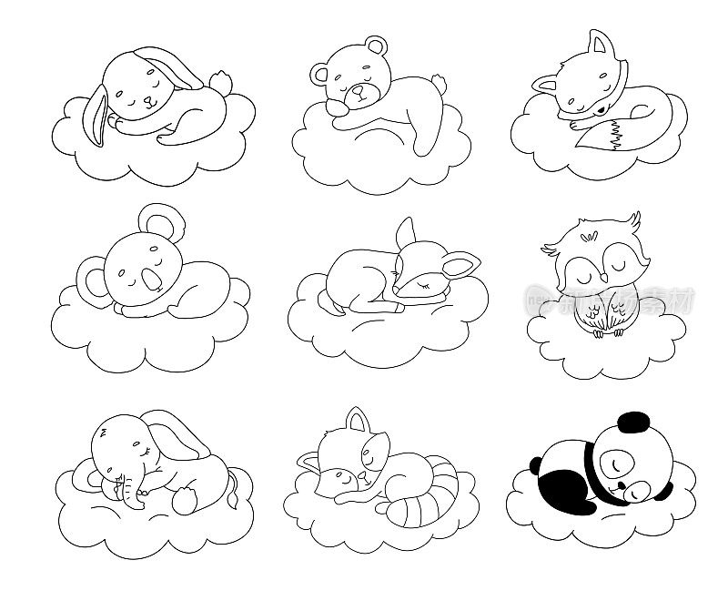 可爱的梦想熊，考拉和大象在云上。卡通手绘矢量轮廓插图。动物宝宝套装