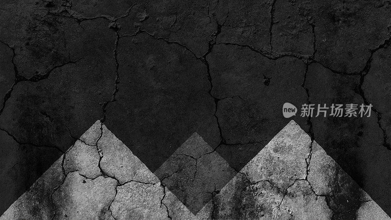 深灰色和黑色的grunge纹理效果粗糙的乡村纹理在水平平面空空白矢量裂纹粘土背景与三个三角形像山或山脉