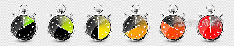 现实的经典秒表。闪亮的金属天文钟，时间计数器与拨号。彩色倒计时显示分和秒。计时运动，开始和结束。矢量图