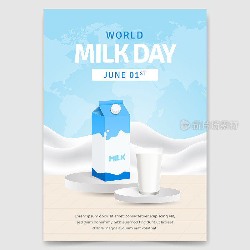 6月1日世界牛奶日海报设计，在讲台上展示牛奶杯和牛奶盒
