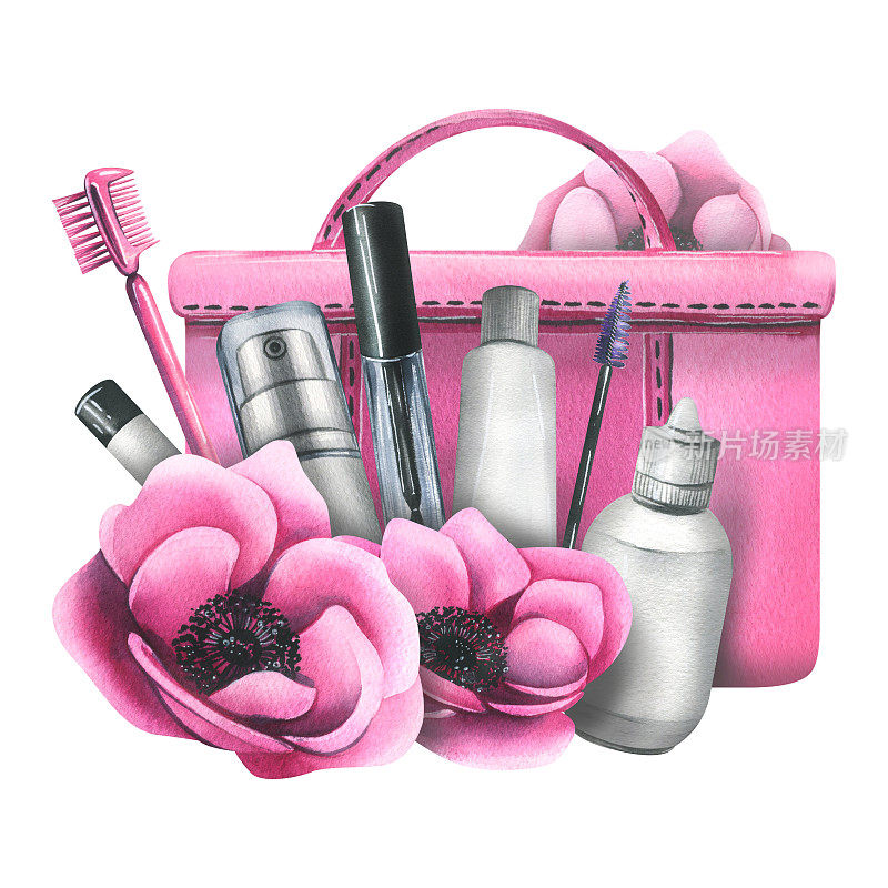 化妆包面霜，刷子和化妆产品粉红色的花朵。水彩插图，手绘。白色背景孤立构图，适用于美容院、化妆品厂家。