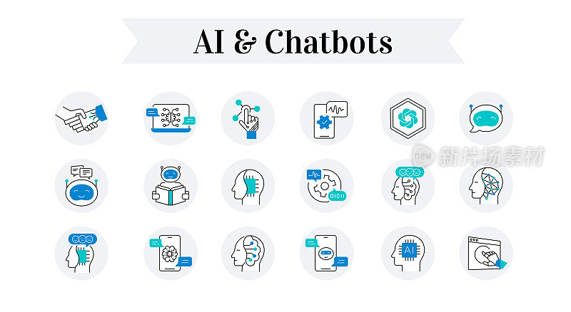 数字化转型的人工智能和聊天机器人图标集。通过人工智能和聊天机器人图标简化您的数字存在。矢量可编辑描边。