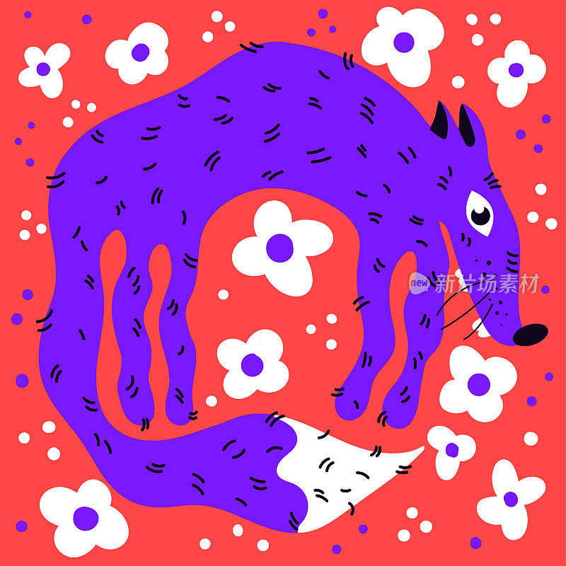 可爱的卡通风格的手绘狐狸被鲜花包围。矢量动物图像。