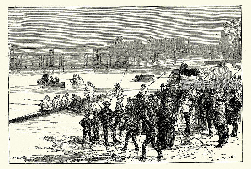 1872年，赛艇运动员在泰晤士河上为牛津大学对剑桥大学的赛艇比赛进行训练