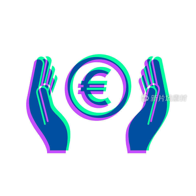 欧元硬币在双手之间。图标与两种颜色叠加在白色背景上