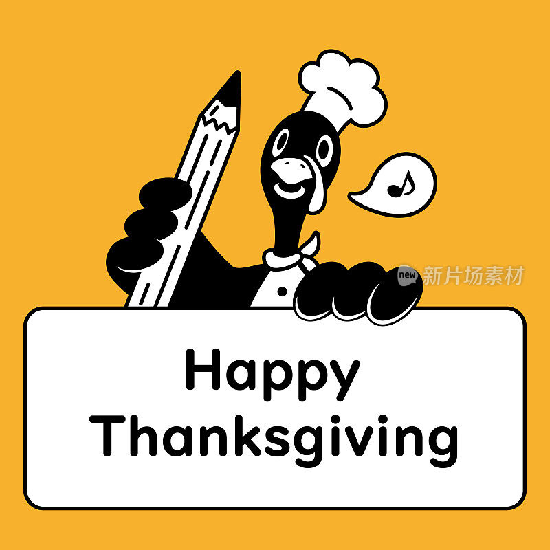 可爱的单色设计，火鸡厨师拿着一支大铅笔和感恩节的问候标志