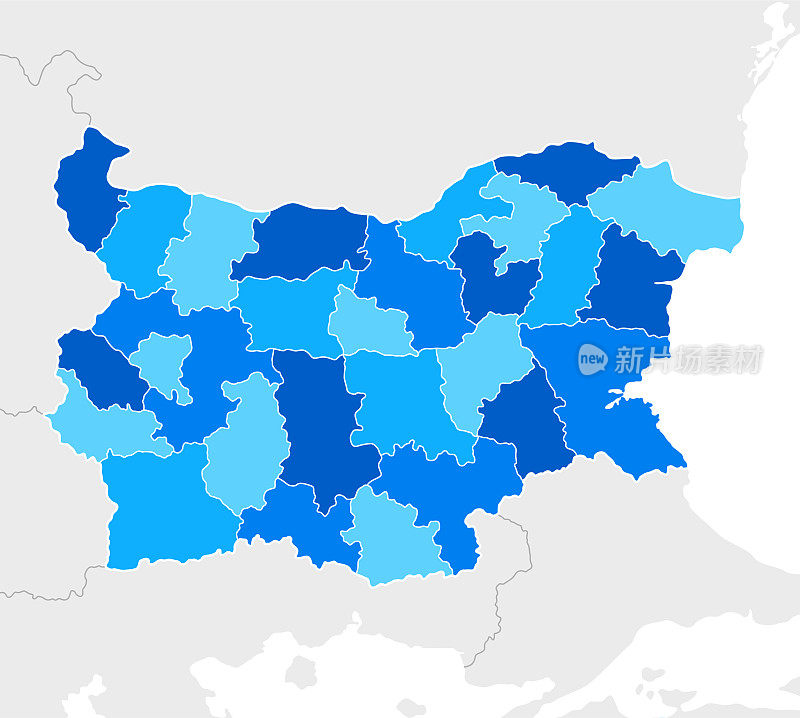 高详细的保加利亚蓝色地图地区和国家边界的罗马尼亚，塞尔维亚，北马其顿，希腊，土耳其