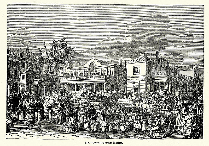 考文特花园市场的复古插图，伦敦，历史，19世纪50年代