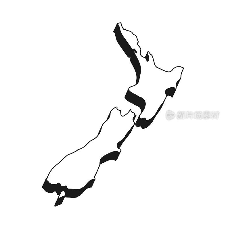 新西兰地图，黑色轮廓和阴影在白色背景上