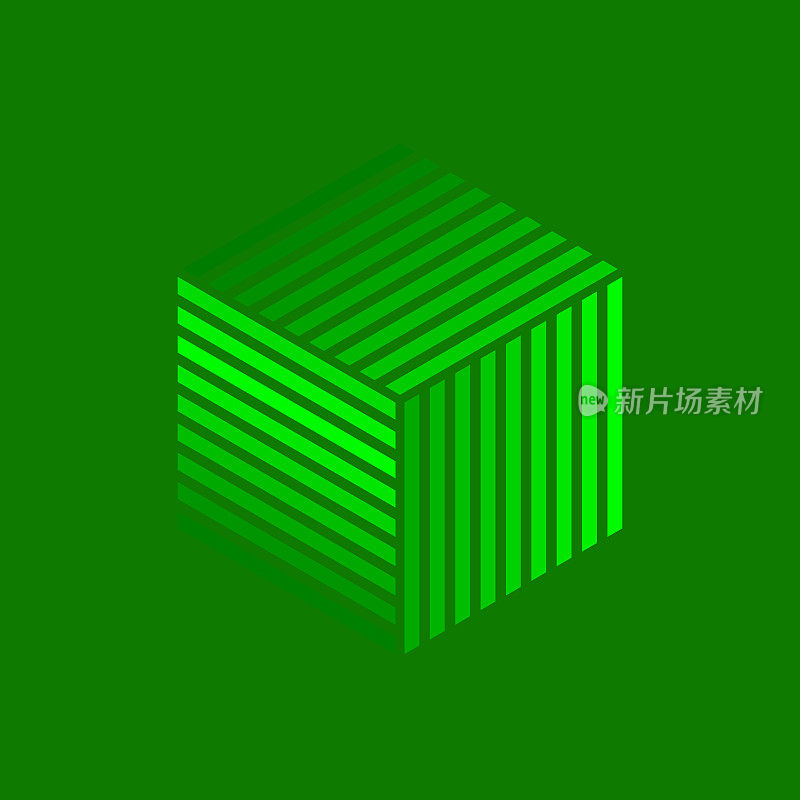 一个充满活力的绿色立方体装饰着线性图案，在浅绿色的背景下创造出三维效果。