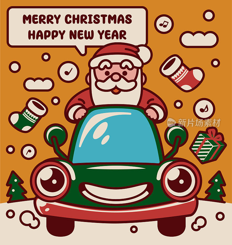 可爱的圣诞老人坐在拟人化的汽车上环游世界，祝你圣诞快乐，新年快乐