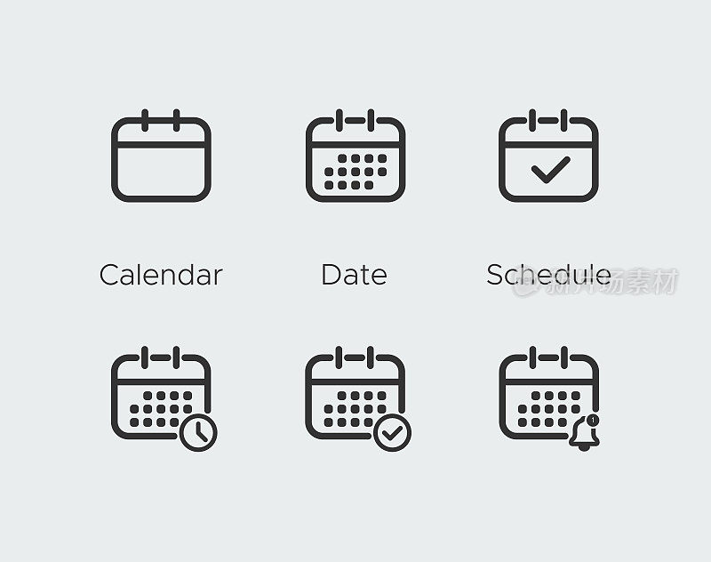 日历图标矢量集。日期，时间表，计划，提醒，组织者标志业务符号