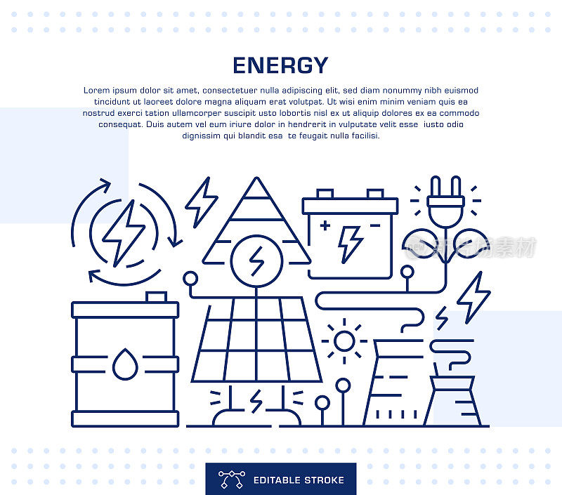 能源行业概念标题，网页横幅模板。可编辑的细线插图