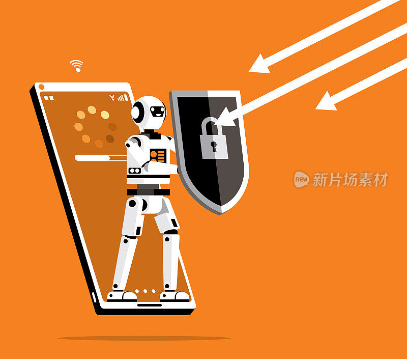 机器人从带盾牌的智能手机里出来