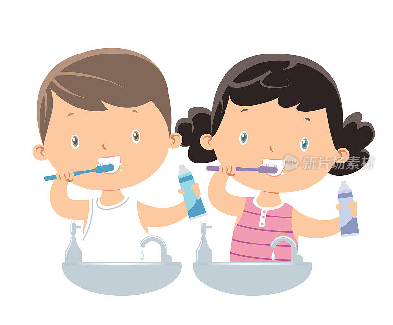 小男孩和小女孩正在刷牙