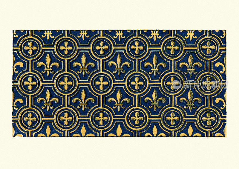 中世纪图案，鸢尾花，金色和蓝色