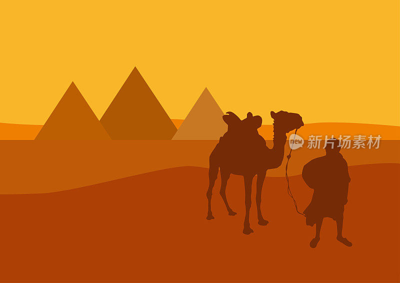 日落时分，埃及金字塔前的骆驼和赶骆驼的人。矢量图
