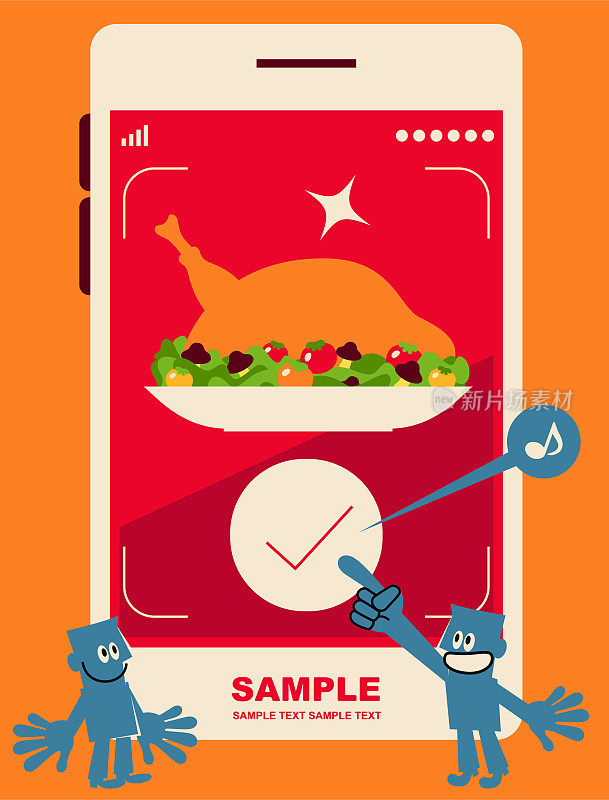 送餐服务，蓝色的男人用手机按下一个按钮订购一份感恩节火鸡大餐