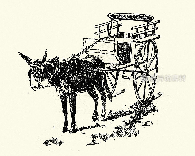 维多利亚时代的驴车、马车。19世纪