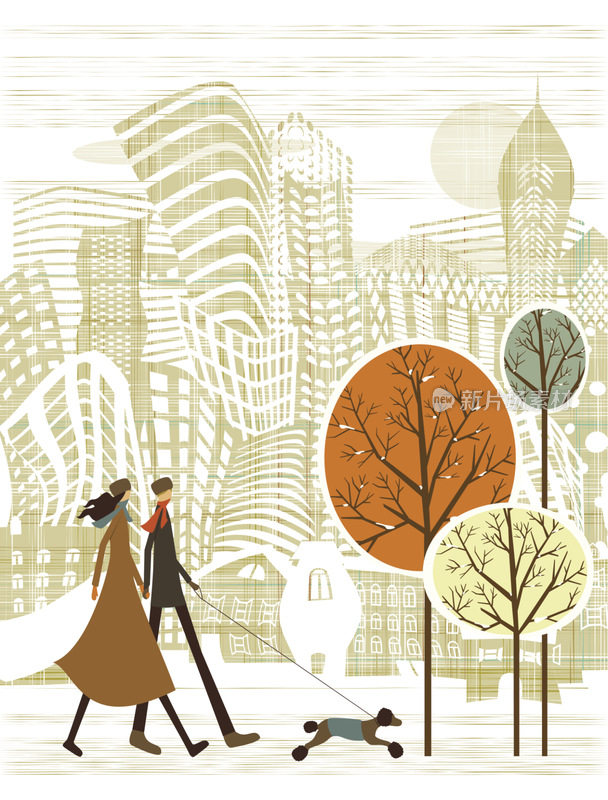 夫妇漫步在冬季城市景观