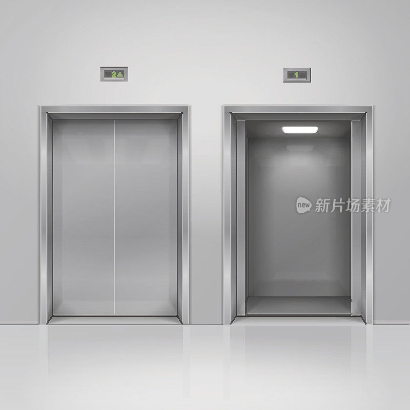 打开和关闭的铬金属建筑电梯门。现实的向量
