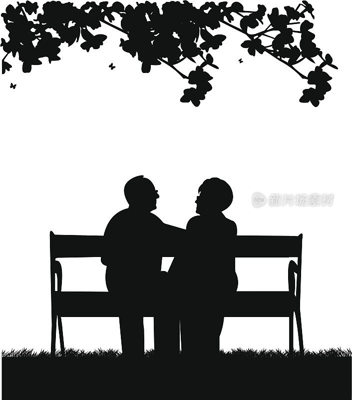 一对可爱的退休老人坐在公园的长椅上