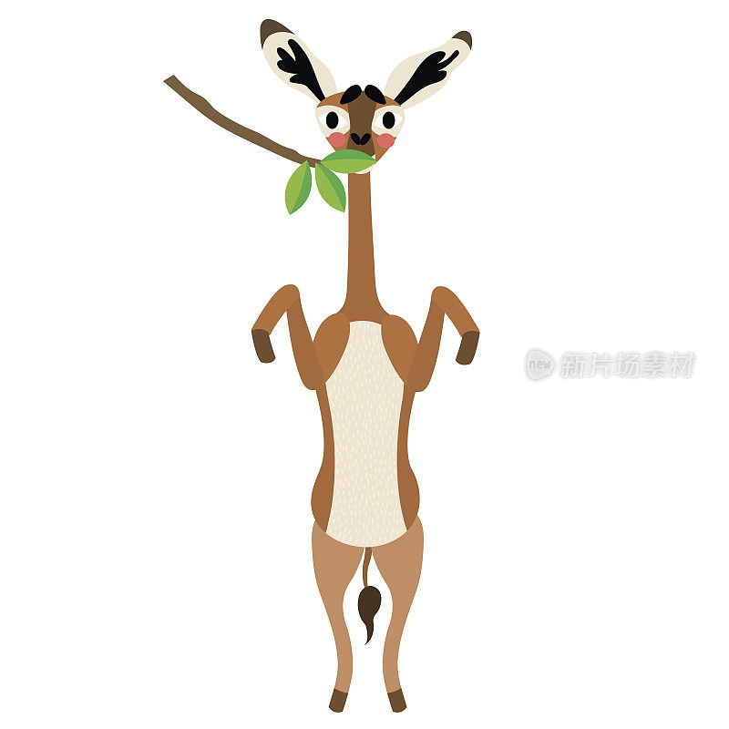 Gerenuk吃的动物卡通人物叶矢量插图。