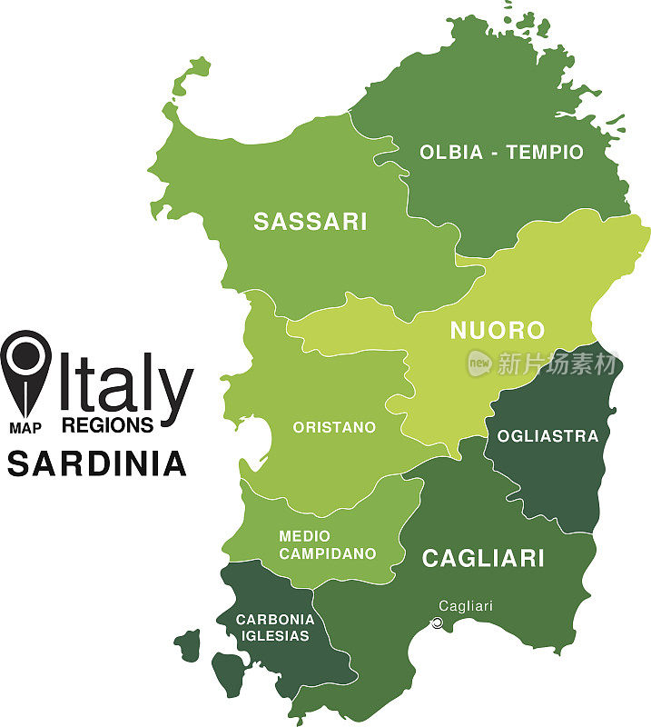 意大利地区地图。撒丁岛地图