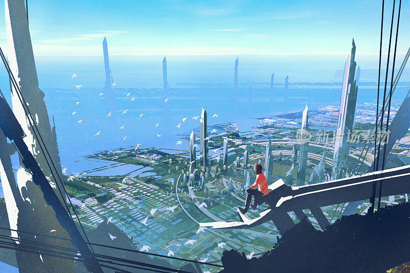 坐在建筑边缘的人看着未来的城市