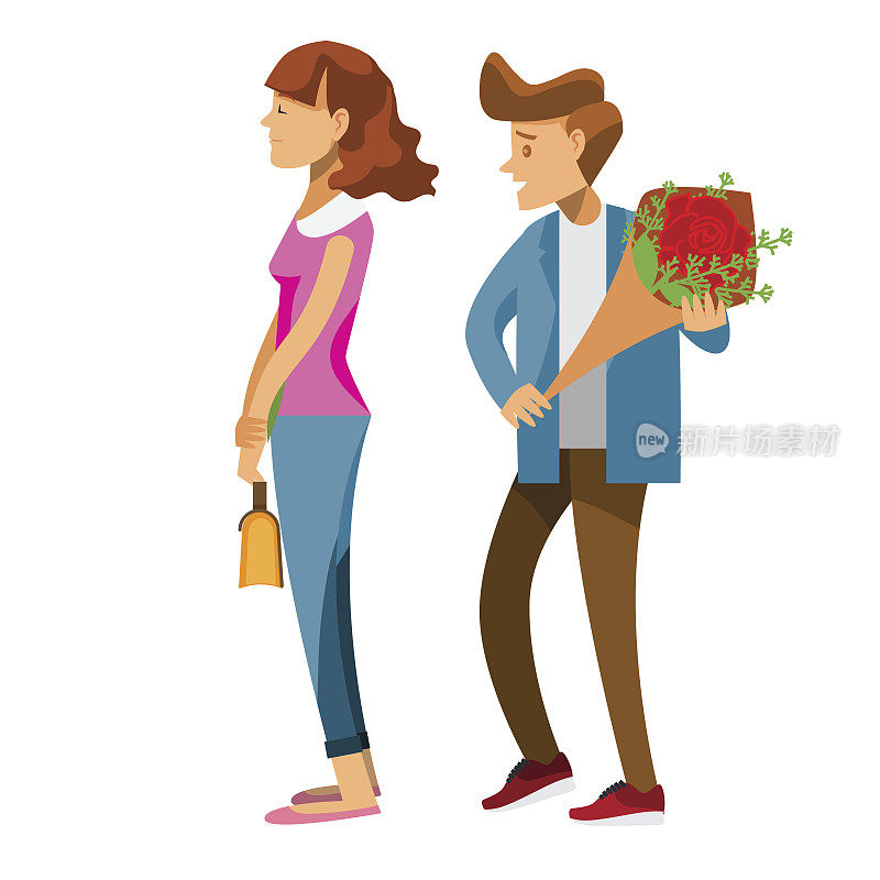 卡通人物，一对情侣在约会，年轻男子背后拿着红玫瑰