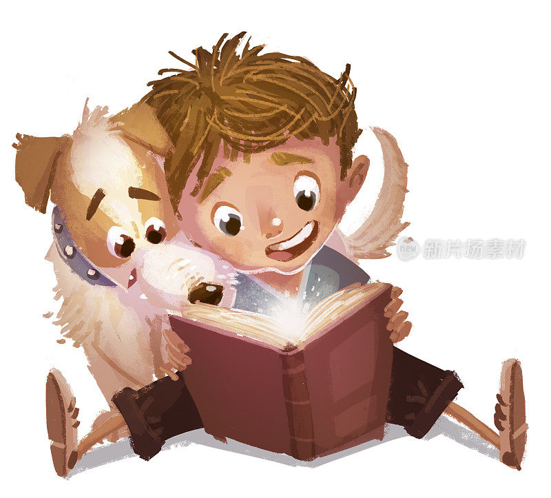 孩子和狗在看书