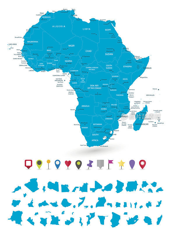 非洲地图与它的国家和平面地图指针