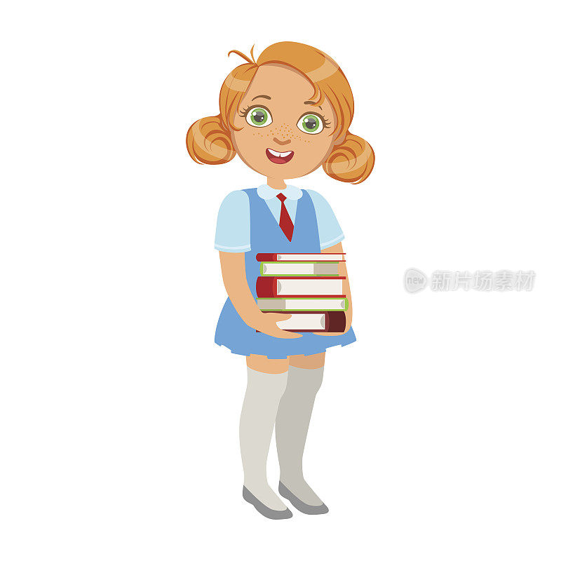 穿着校服的女孩拿着一堆书，爱读矢量插图系列的孩子们的一部分