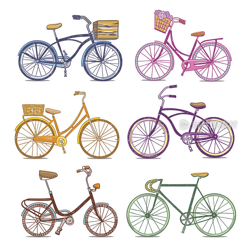 手绘自行车矢量集。老式和运动自行车和自行车