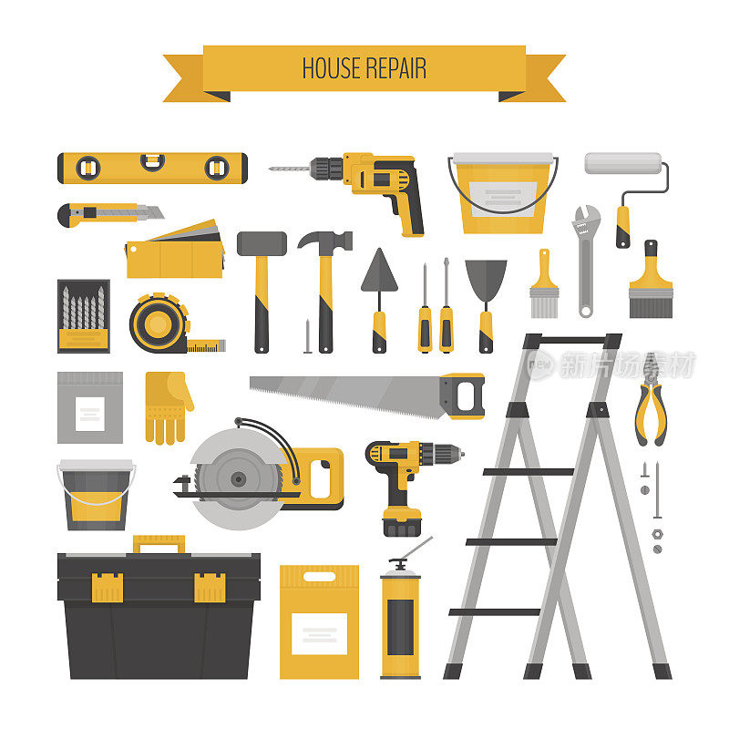 家居修理对象集。Сonstruction工具。家居装修和建筑的手工工具。平面风格，矢量插图。