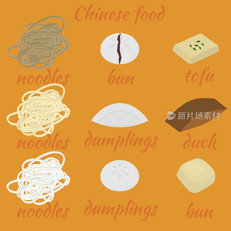 集中餐平面设计元素。亚洲街头美食菜单。传统菜肴北京烤鸭和豆腐。饺子，饺子和包子，面条和包子。