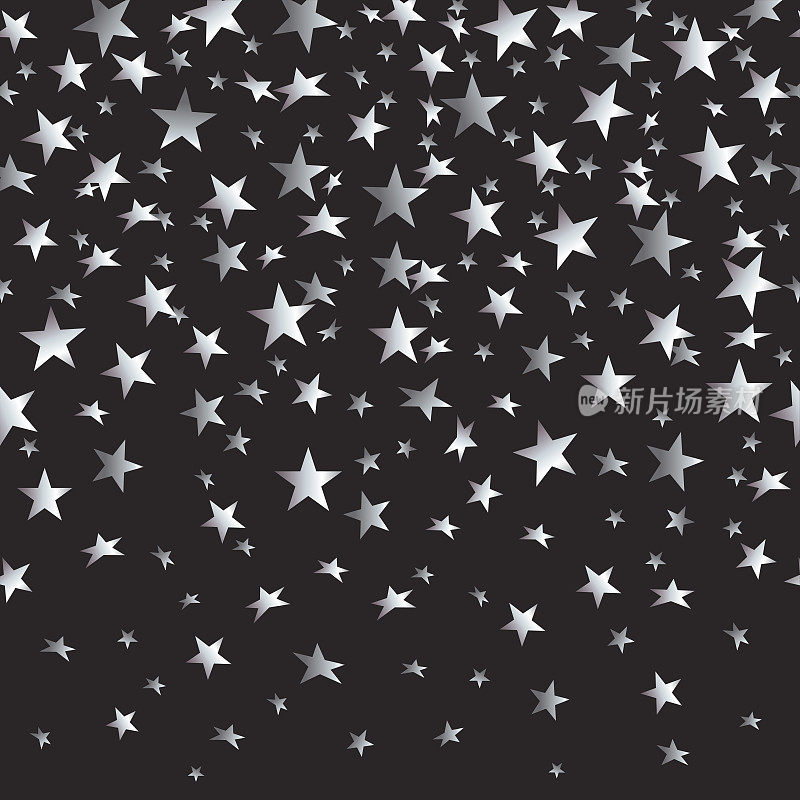 银色星星在黑色无缝背景上渐变。矢量图