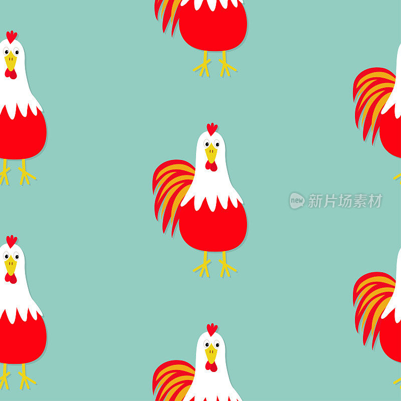 公鸡公鸡鸟。2017年农历新年快乐。可爱的卡通人物与大羽毛尾巴。婴儿农场动物。平面设计。蓝色背景